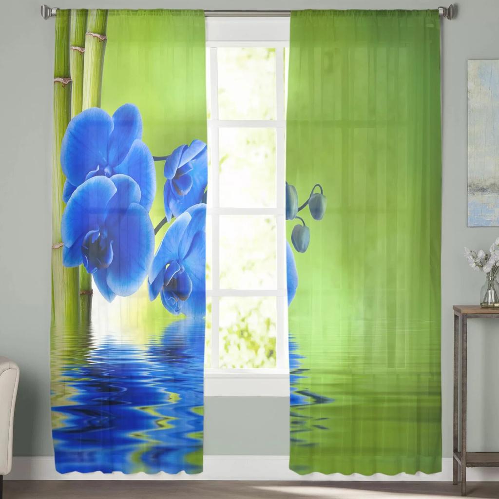 Flowers Water Waves Bamboo Tulle Curtains Balcony Room Fashion Printed Sheer Curtain Living Room Window Modern Decor