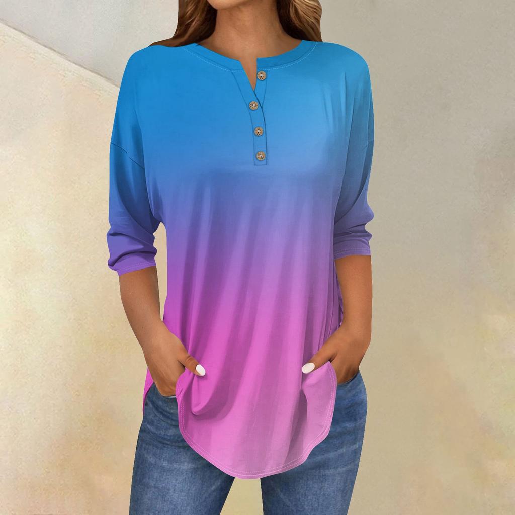 Women's Fashion Casual Three-quarter Sleeve Gradient Printed Round Neck T-shirt Top