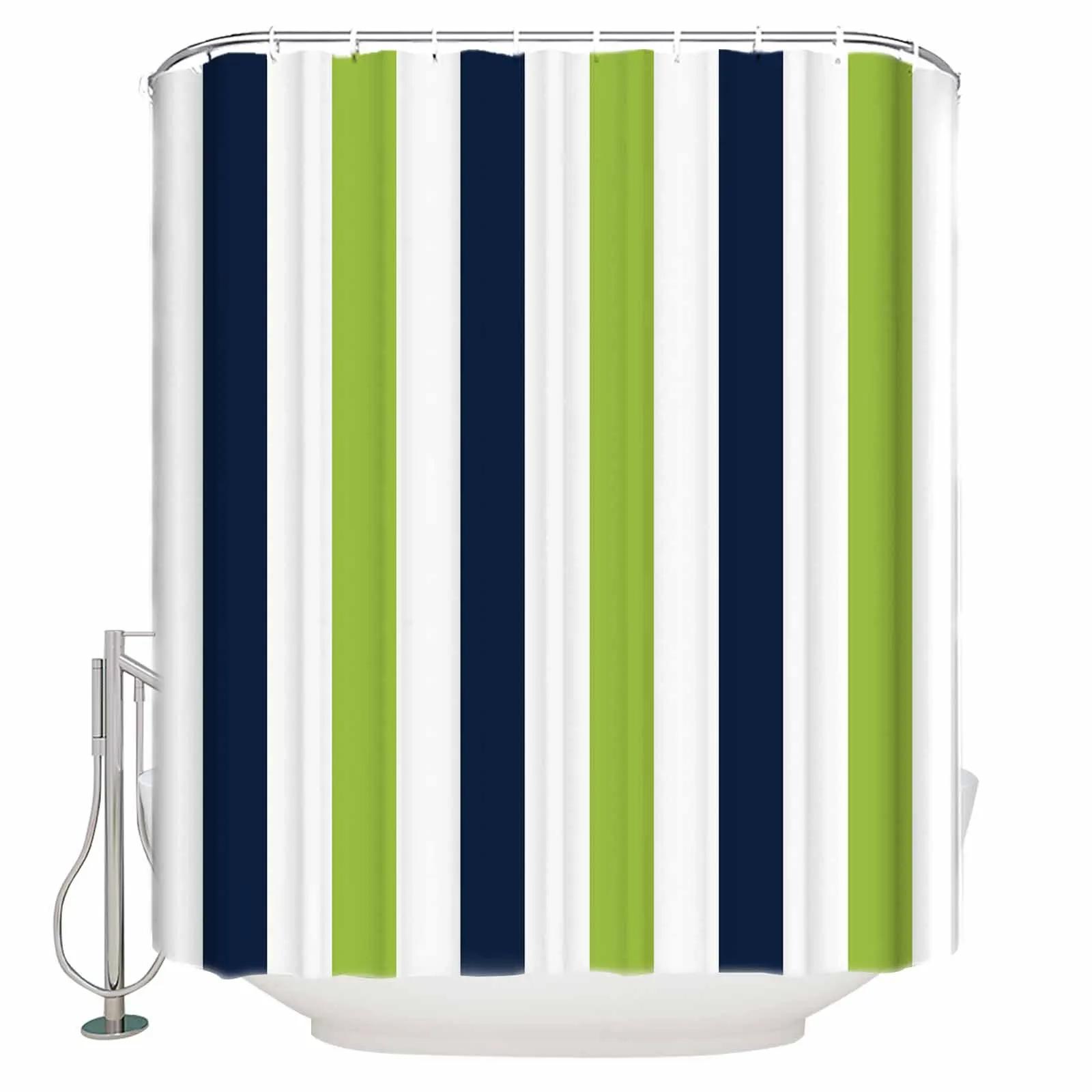 

Navy Blue Grass Green Contrast Striped Shower Curtains Waterproof Bath Curtains Home Decor Modern Luxury Bathroom Curtain W90xH180cm