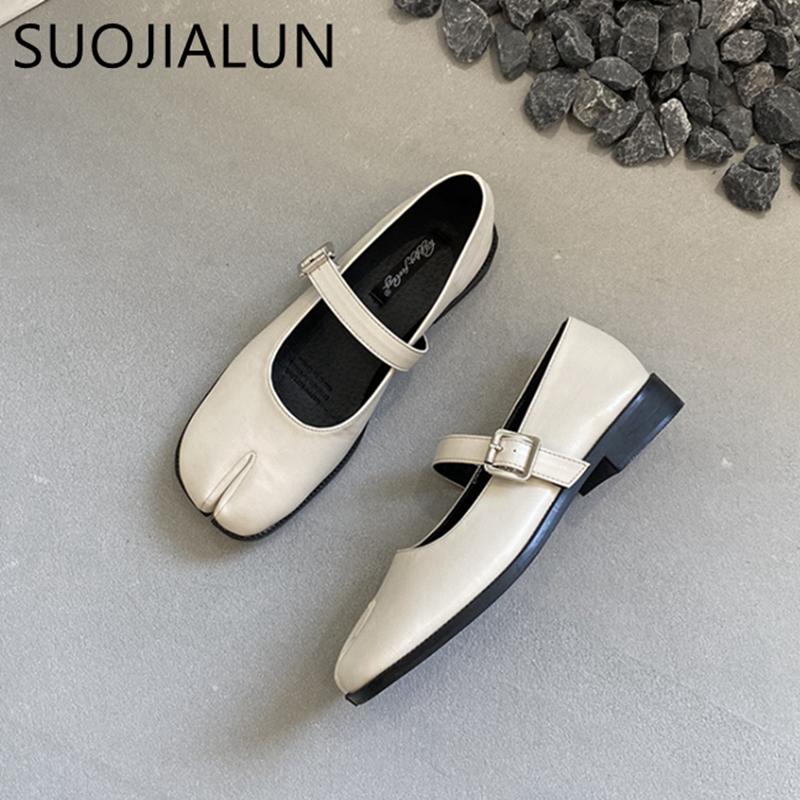 Fashion SUOJIALUN Spring New Brand Women Flat Shoes Fashion Split Toe Laofer Shoes Soft Flat Heel Ladies Casual Outdoor Mary Jane Shoes