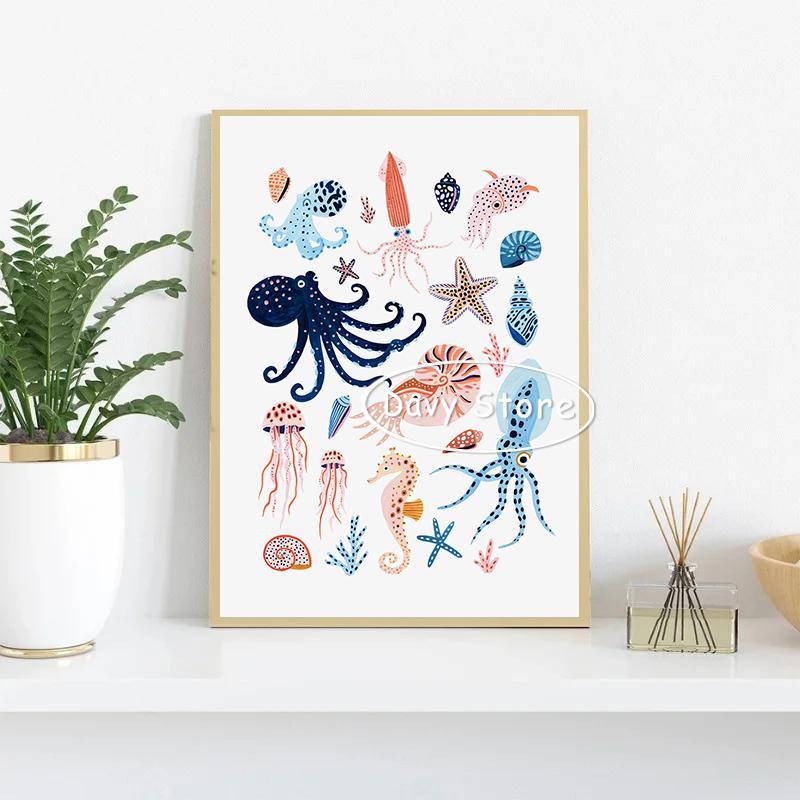 Sea Life Shells Tropical Fish Whale Posters and Prints Canvas Painting Wall Art Picture for Living Room Home Nautical Decor
