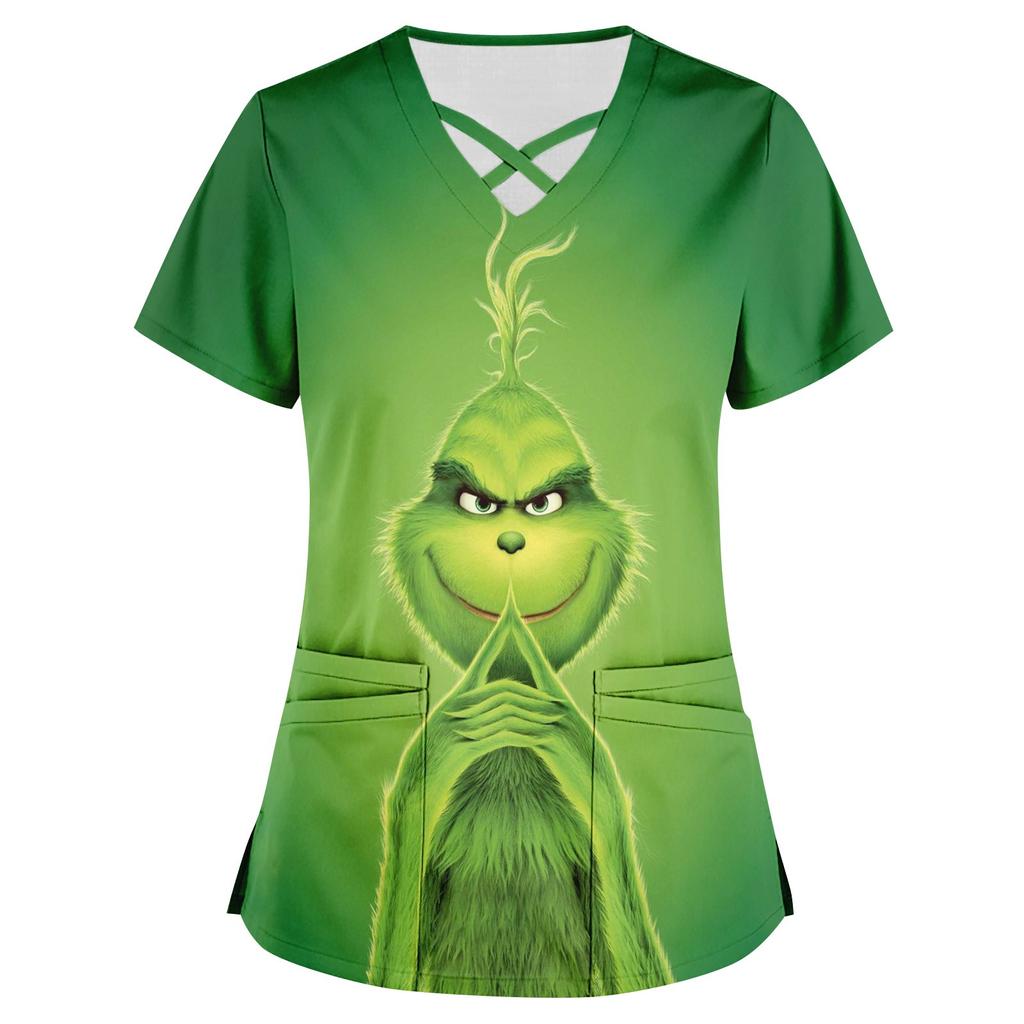 Women's Printed Work Clothes With V Neck And Double Layer Pocket Basic Tops Pullover