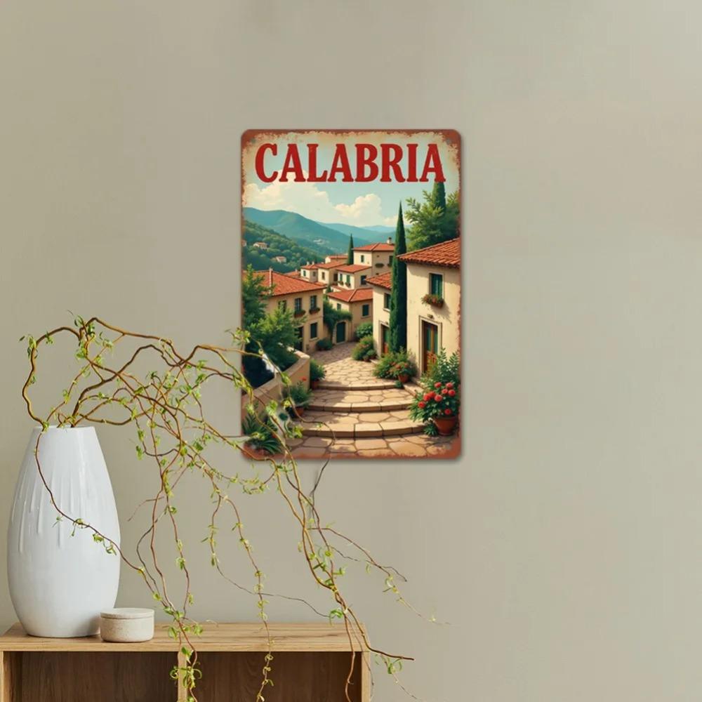 Retro Calabria Italy Metal Sign 2D Rustic Wall Art with Scenic Italian Town Design