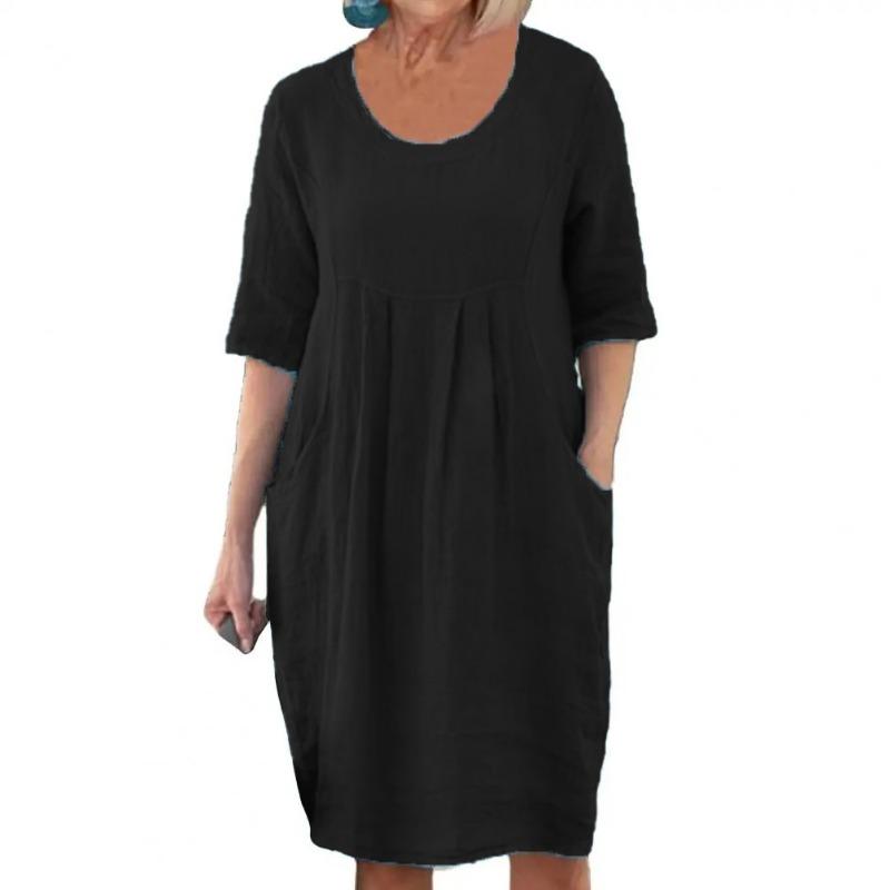Robe d'été ample à col rond et manches courtes pour femmes grande taille mode plissée poches décontractée ample robes de fête simple élégant couleur unie vêtements