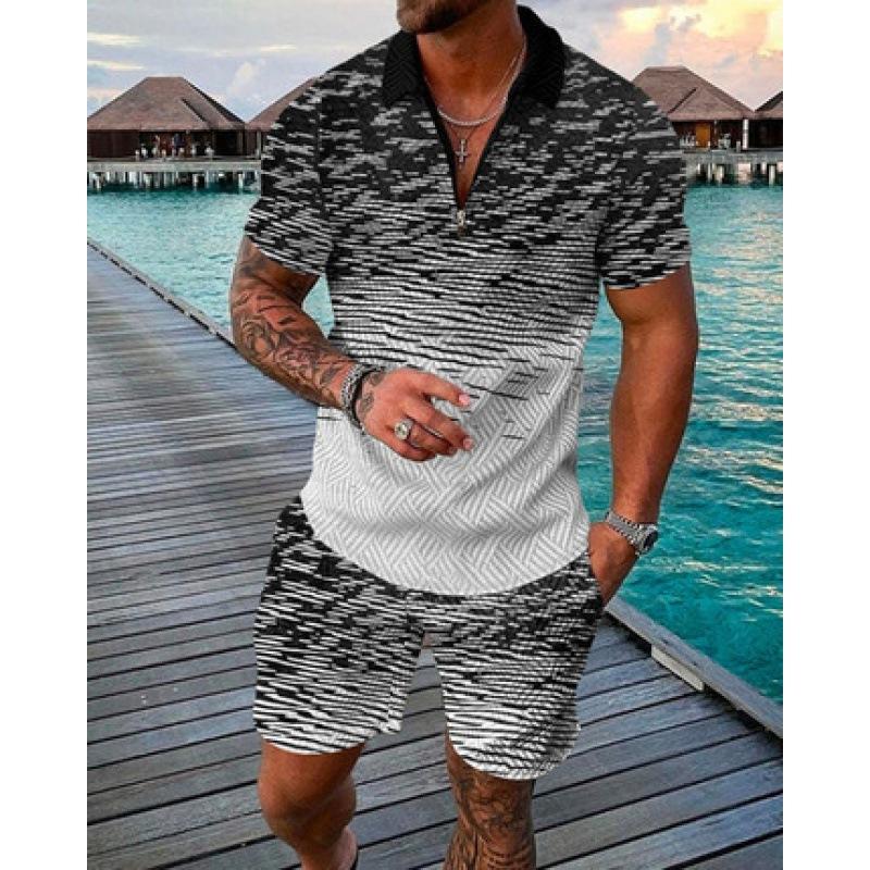 2025 summer men's 3D digital printing short-sleeved polo fashion sports and leisure suit foreign trade men's solid color