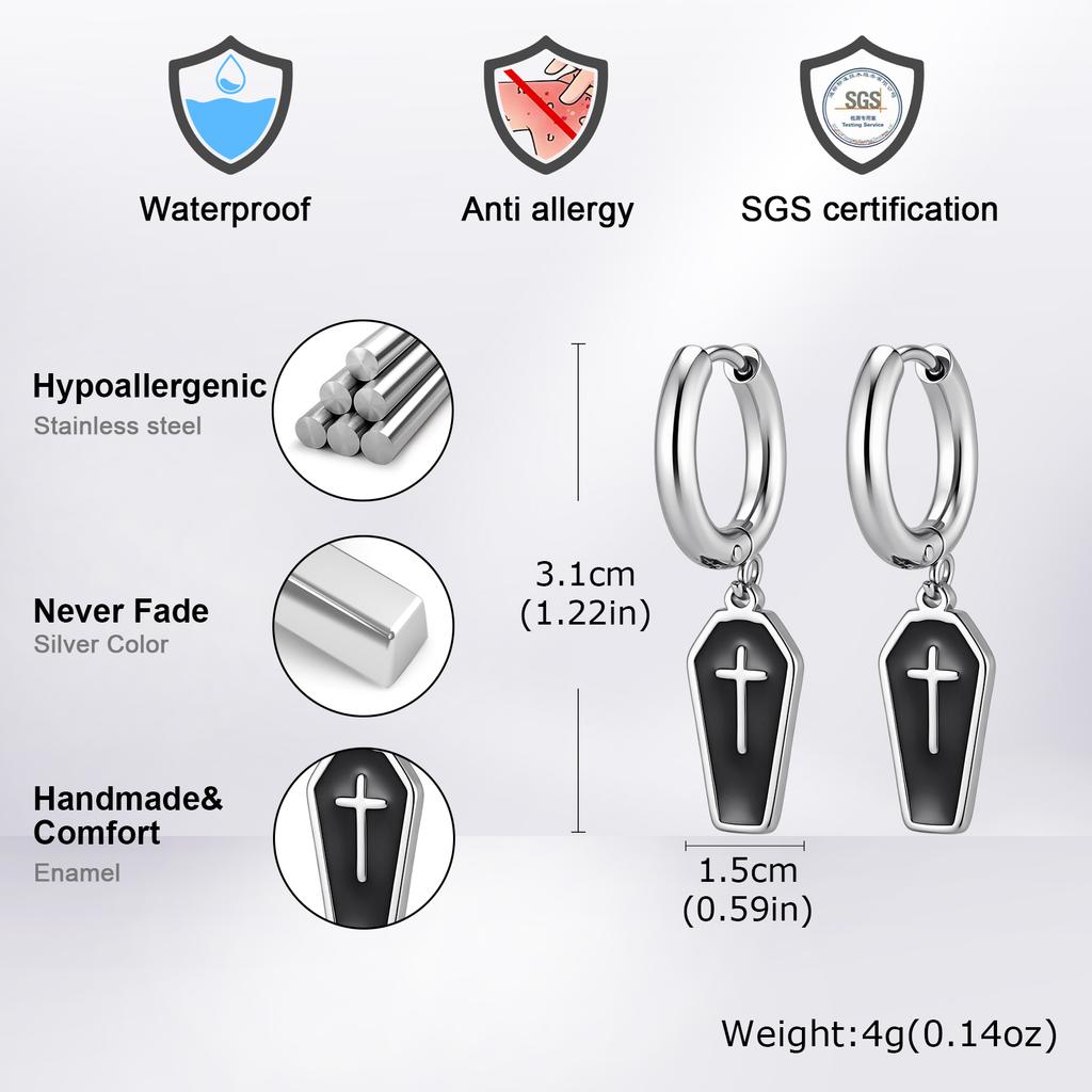 Gothic Coffin Cross Dangle Earrings for Men, Waterproof Stainless Steel Punk Earrings, Unique Fashion Piercing Jewelry Gift