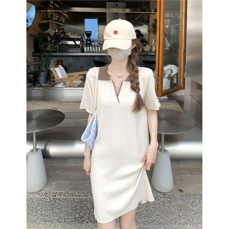 

Women s Summer 2026 Contrast Polo Collared Short-Sleeve Dress - Loose Fit, Gentle Style, Slimming, Casual Knit Design S (suggested for under 49 kg) абрикосовый