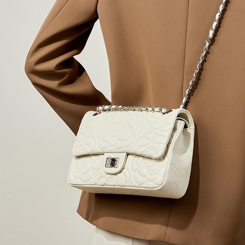 Top Layer Sheepskin Flower Diamd Grid Women's Bag, High-quality Leather Chain Bag, Versatile Single Shoulder Crossbody Bag