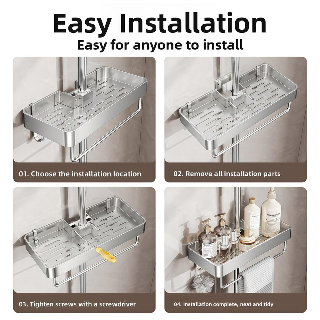 No Drilling Bathroom Storage Rack Wall-Mounted Shelf Hangable Shower Holder Organizer Modern Bathroom Accessories