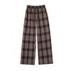 Women's Retro High-Waist Wool Plaid Pants - Contrast Color, Wide-Leg, Floor-Length, Velvet-Lined for Autumn/Winter 2024
