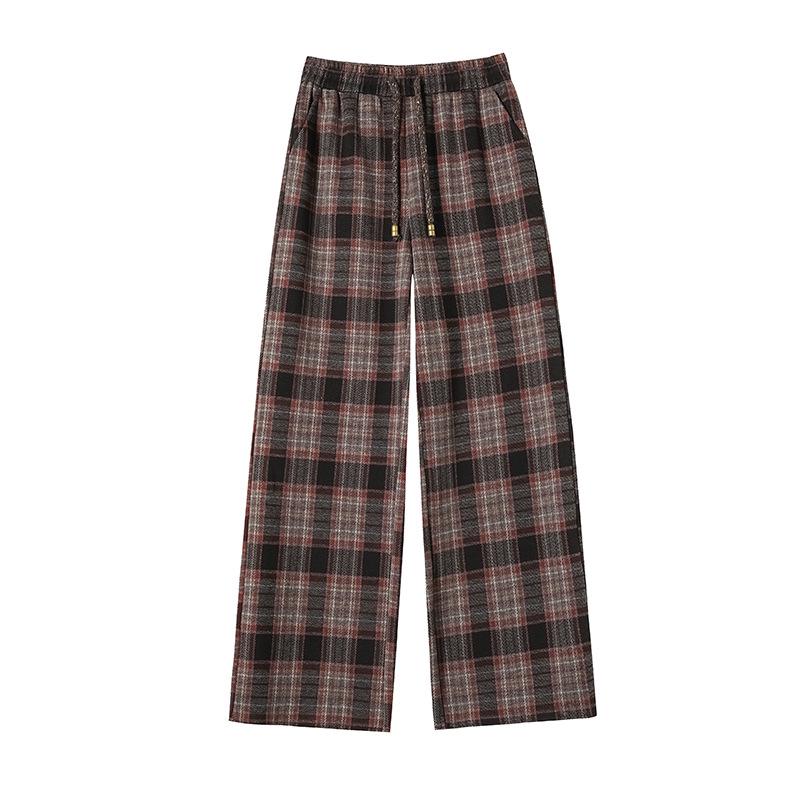 Women's Retro High-Waist Wool Plaid Pants - Contrast Color, Wide-Leg, Floor-Length, Velvet-Lined for Autumn/Winter 2024