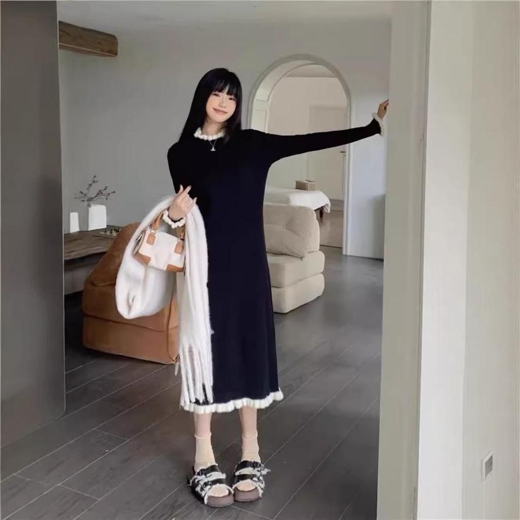 High-End Long Sleeve Knit Sweater Dress - Women's Mid-Length Casual Outerwear