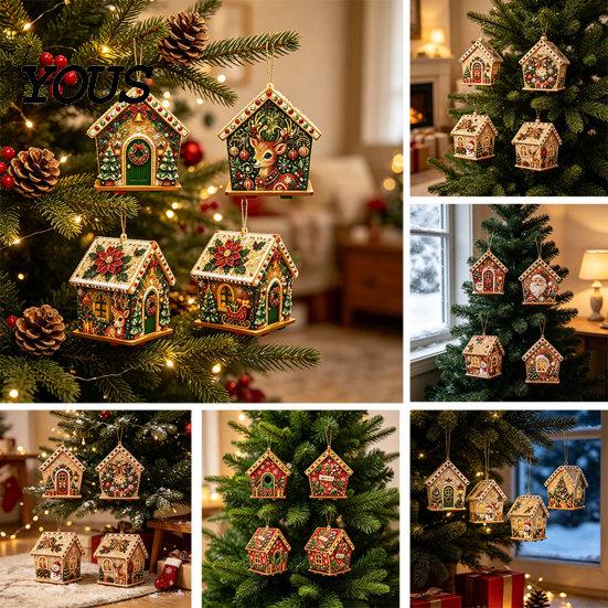 DIY Faux Pearl Bead Craft Set Christmas Art Ornament Kit, Wooden House Snowman Holiday Hanging Decoration Supplies Santa Reindeer Pattern, Handmade