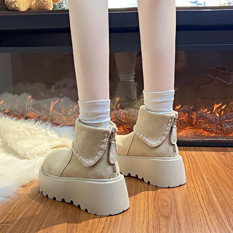 Women's Lightweight Chunky-Heeled Winter Insulated Fleece-Lined Snow Boots Slip-Resistant Casual Sporty Suede Martin Boots