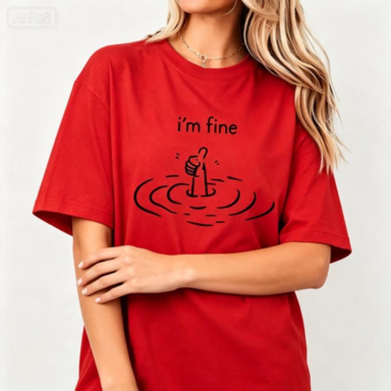 Unisex Cotton Tshirt Im Fine Funny Drowning Hand Graphic Tee Minimal Line Drawing Humorous Unisextal Mood Casual Crew Neck Tops