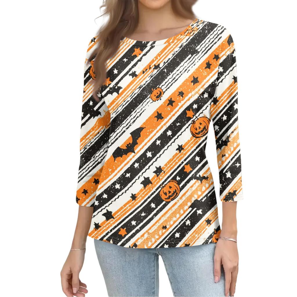 Women's Casual Halloween Print Pullover Top Three Quarter Sleeve Round Neck Shirt Lightweight Comfortable Fabric