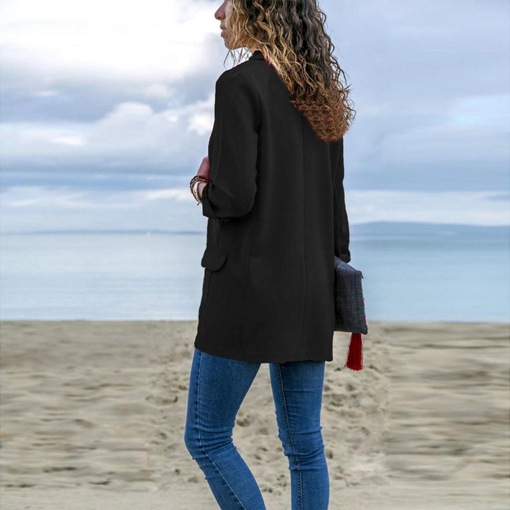 Sold Color Open Front Jacket, Elegant Lapel Neck Long Sleeve Fuzzy
