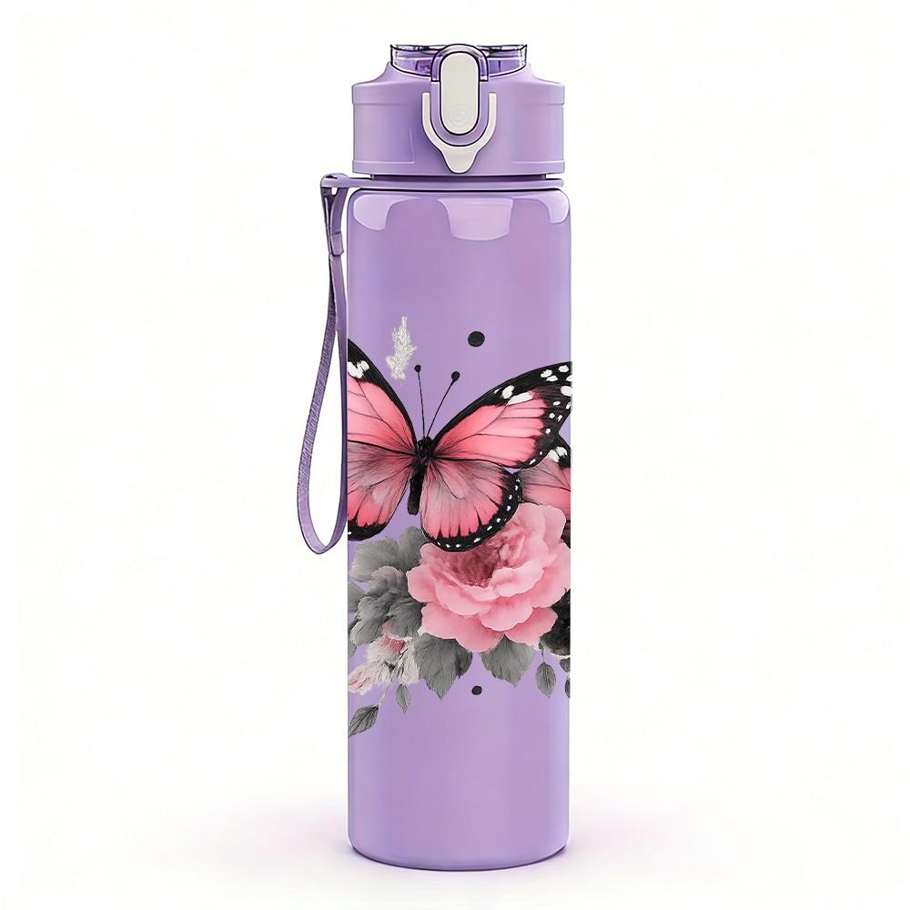 1PC Pink Butterfly Flower Art Print 750ml Color Plastic Sports Water Bottle Leakproof Flip Straw Lid Suitable for Sports Office Home Use