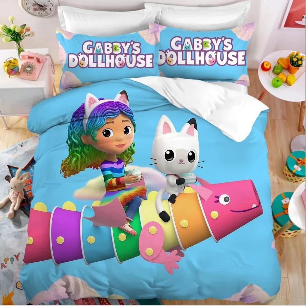Gabby's Dollhouse Bedding Set,Kawaii Gabby's Dollhouse Duvet Cover Bed Linen Set Single Double Size,Bedclothes Quilt Cover