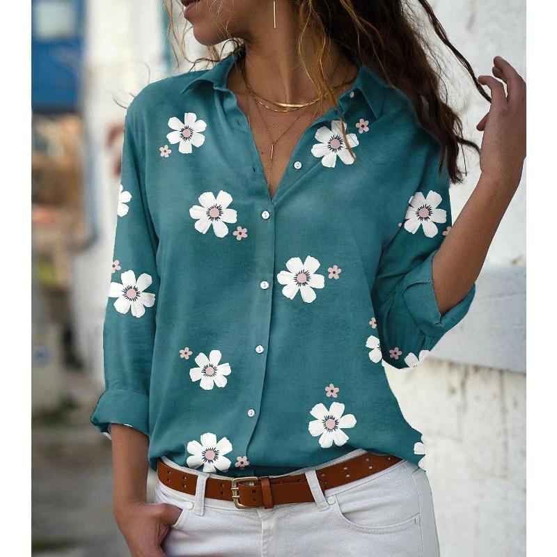 women's Floral Print Turn‑Down Collar Button Down Long Sleeve Loose Casual Blouse Shirt