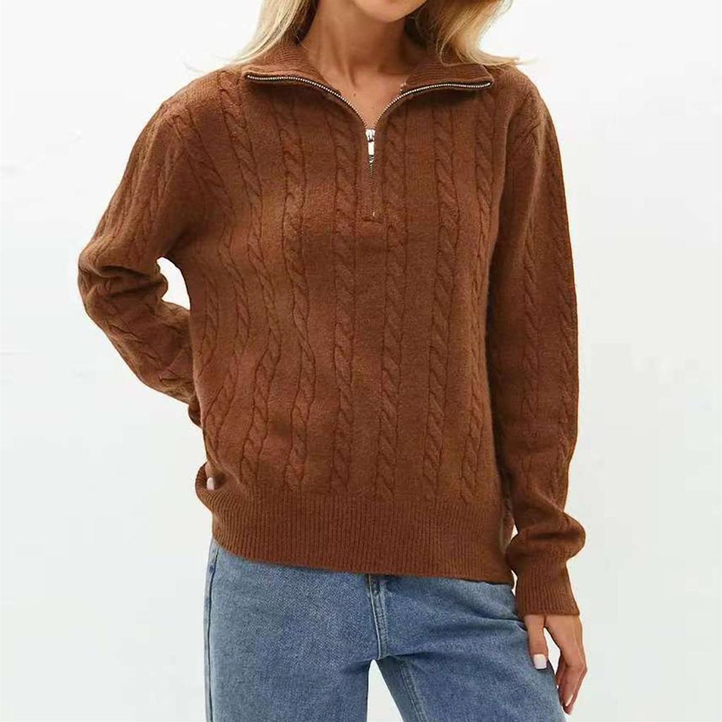 Women's Fashion Casual Loose Lazy Versatile Short Retro Cable Half Zip Long Sleeve Knit Sweater Pullover Sweater