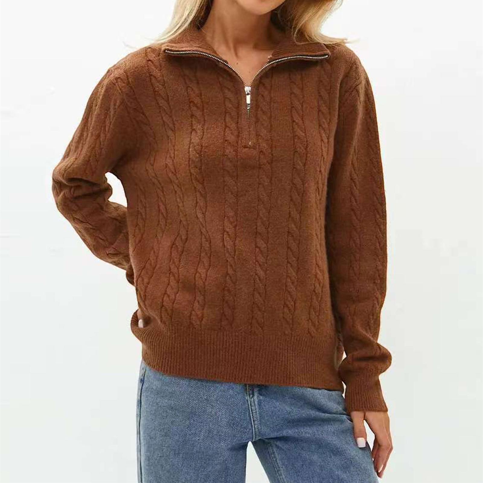 

Women s Fashion Casual Loose Lazy Versatile Short Retro Cable Half Zip Long Sleeve Knit Sweater Pullover Sweater One Size