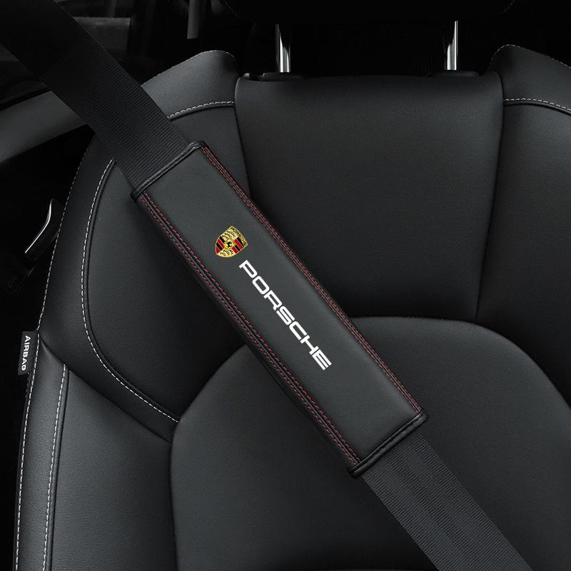 2pcs Leather Car seat belt Nappa Shoulder Protector Car Accessories For Porsche Panamera Cayenne Taycan 911 718 Macan Carrera-GT GO3