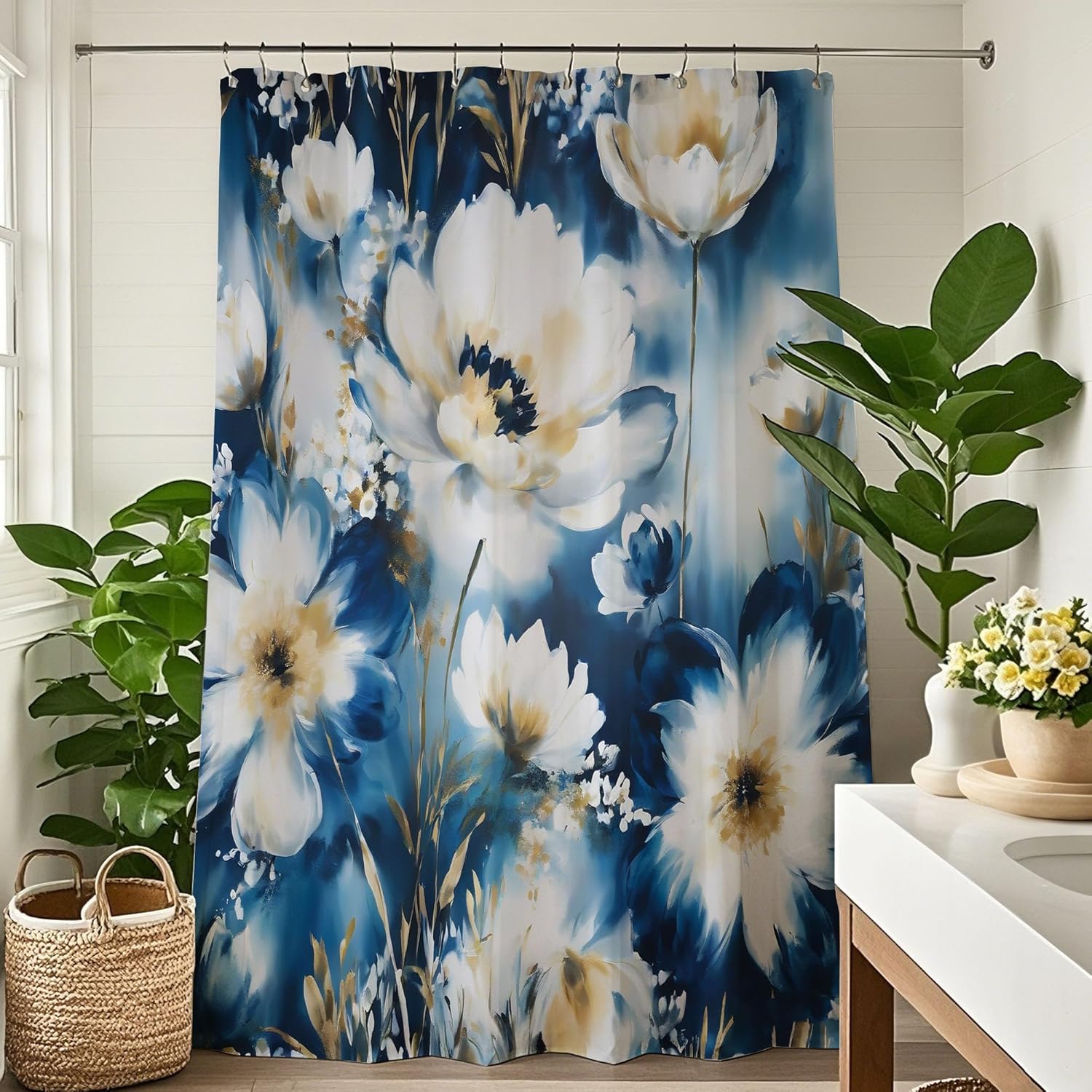 

Blue White Floral Shower Curtain Spring Boho Watercolor Flower Shower Curtains For Bathroom Aesthetic Botanical Floral Print Bat W60H190(CM)-1 Pcs