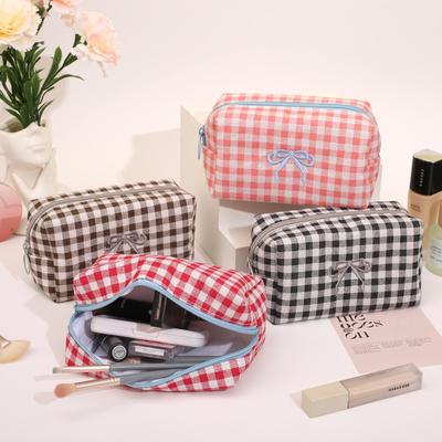 Embroidered Plaid Octagonal Makeup Bag - Large Capacity, Portable Travel, Cute with Bow