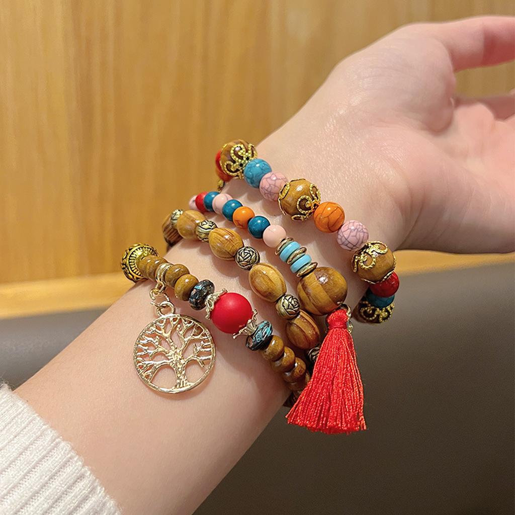 Bohemian Bracelet Set for Women, Layered Beaded Stackable Bracelets with Tree of Life Charm & Tassel, Vintage Ethnic Boho Jewelry for Daily & Gift