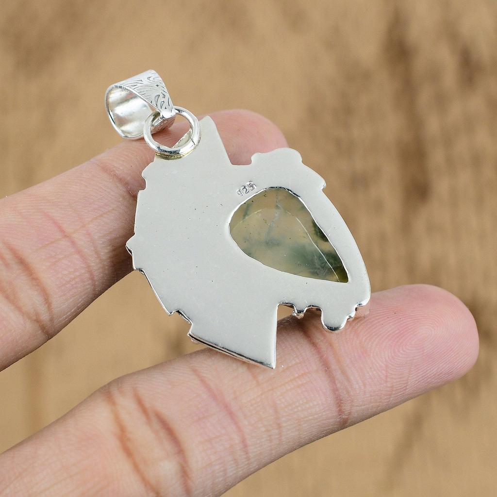 Gift For Her 925 Sterling Silver Natural Moss Prehnite Gemstone Jewelry Pendant