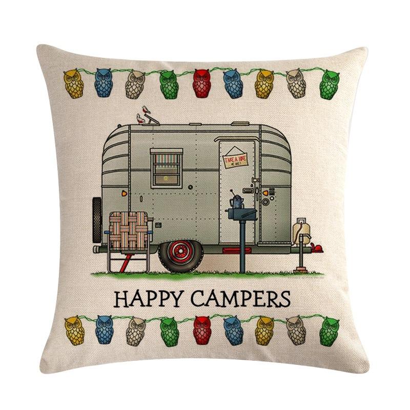 Happy Campers Peach Skin 2D Print Cushion Cover Retro Caravan RV Decorative Pillowcase for Outdoor Travel Camping Trailer Decor