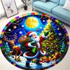 Christmas Santa Round Mat Stained Glass Border Santa Reindeer Xmas Tree Moon Festive Circular Decor Rug   Living Space Decor