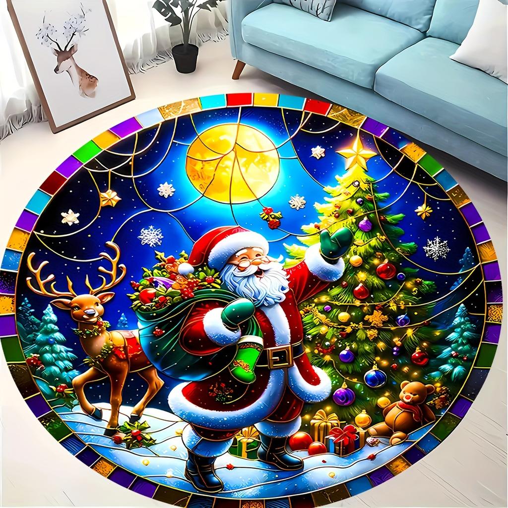 Christmas Santa Round Mat Stained Glass Border Santa Reindeer Xmas Tree Moon Festive Circular Decor Rug Living Space Decor