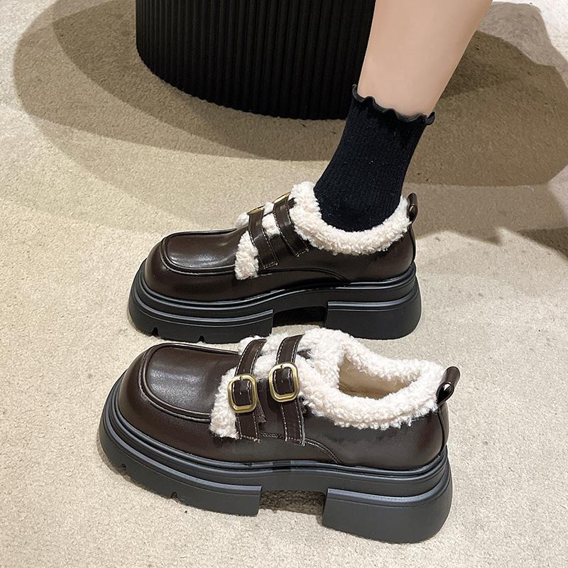 Black Velvet Platform Small Leather Shoes Women'S British Style Autumn And Winter One-Pedal Loafers Mary Jane Shoes