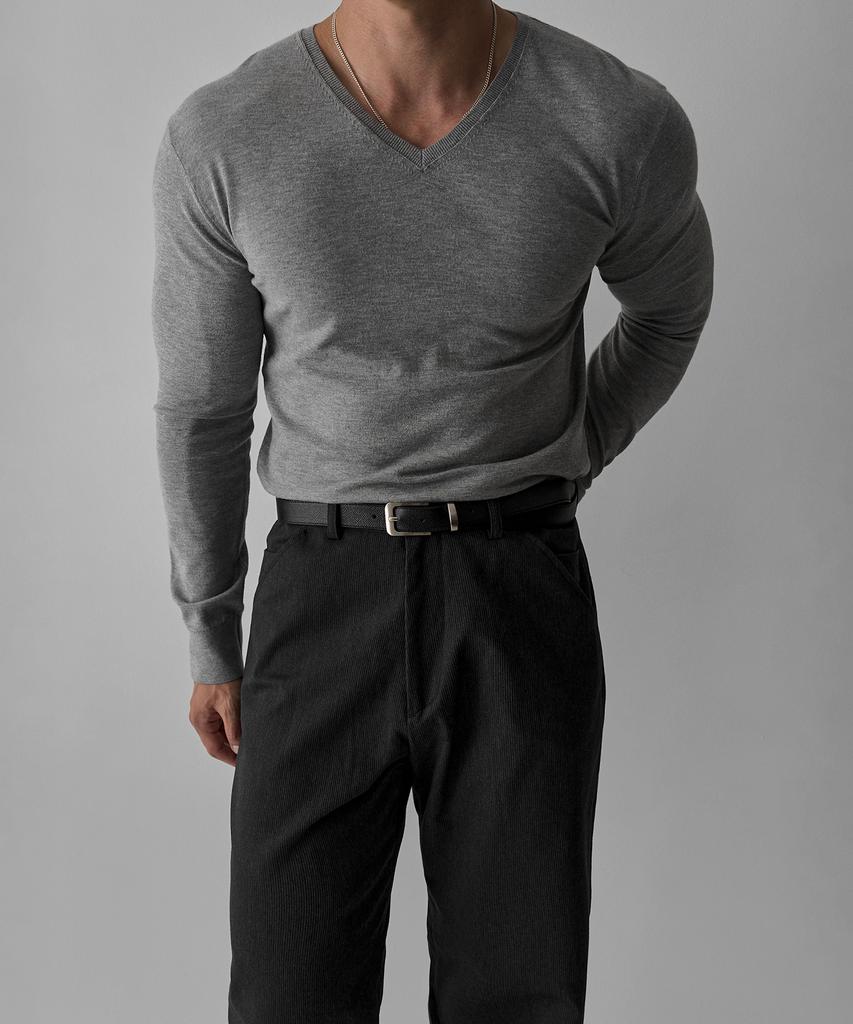 BOWLOW PRODUCT Essential V-Neck Muscle Long Sleeve Knit [Gray]