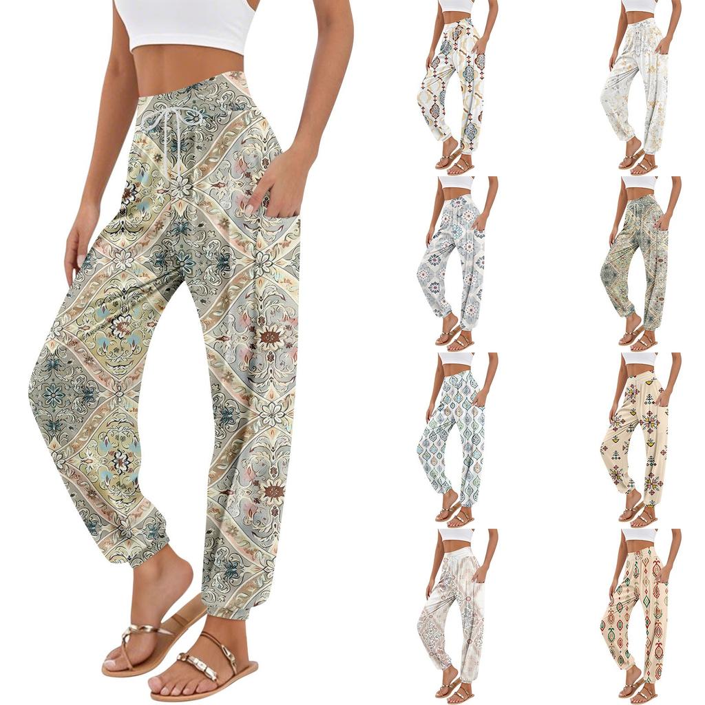 Damen Taschen Kordelzug Hose Hohe Taille Yoga Böhmisch Bedruckt Freizeit Hose