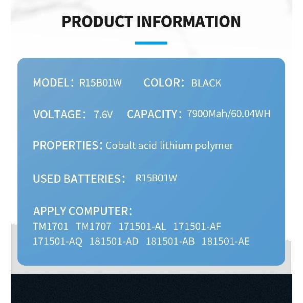 SOMI R15B01W New Laptop Battery For Xiaomi Pro 15.6" GTX TM1701 Series Notebook 7.6V 7900mAh 60.04WH Free Tools