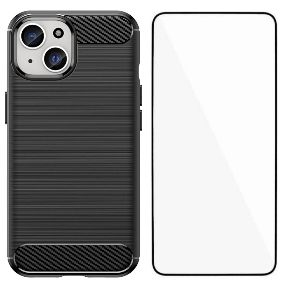 

For iPhone 15 Case with Screen Film WANLONFENG LS Series Big Lens Hole Brushed Texture TPU Phone Cover Black