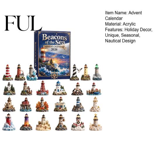 Creative Desktop Accessory Acrylic Ocean Lighthouse Advent Calendar, 24 Day Countdown Box with Daily Unboxing Experience Nautical Retro Scenes