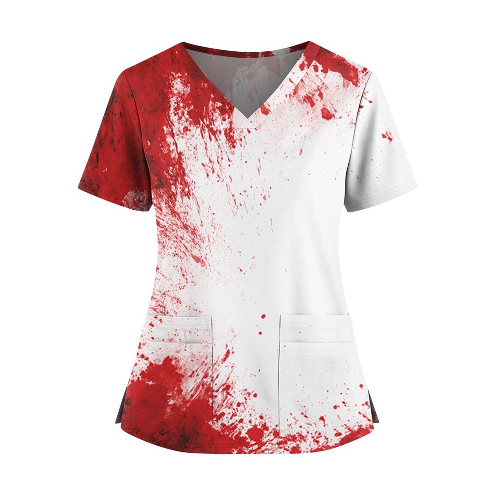 Halloween Print V Neck Short Sleeve Nurse Top with Double Pockets and Side Slits Medical Scrub Shirt for Healthcare Workers