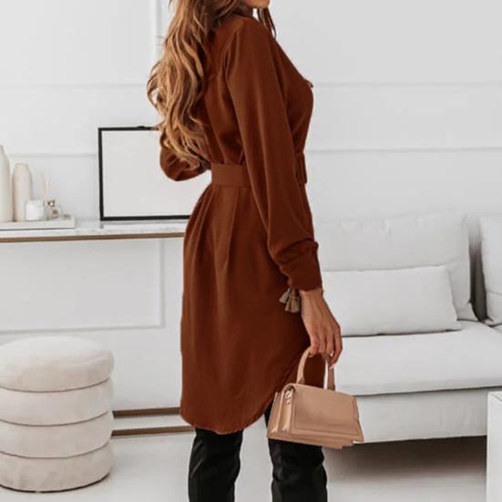 Damenkleid Einfarbig Umlegekragen Vintage Einreihig Langarm Minikleid für die Arbeit