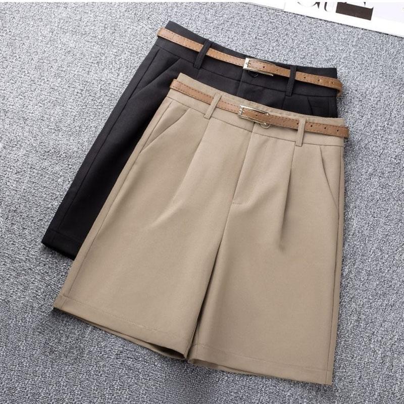 Zonder Riem Khaki Casual Wijde Pijpen Shorts Dames Zomer Effen Losse Knie-Lengte Broek Koreaanse Hoge Taille Pak Shorts Dames