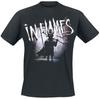 In Flames Gothic Reaper Silhouette Graphic Tee, Black Metal Shirt with Purple Grunge Background for Fans