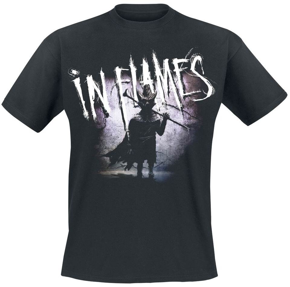 In Flames Gothic Reaper Silhouette Graphic Tee, Black Metal Shirt with Purple Grunge Background for Fans