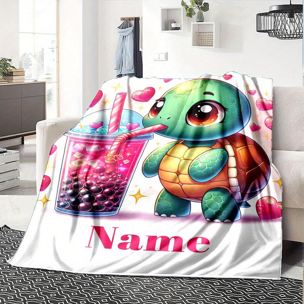 Cute Turtle With Bubble Tea Home Customization Blanket Soft Comfortable Lightweight Multiseasonal Use For Picnics Couches Offices Beds Living Rooms