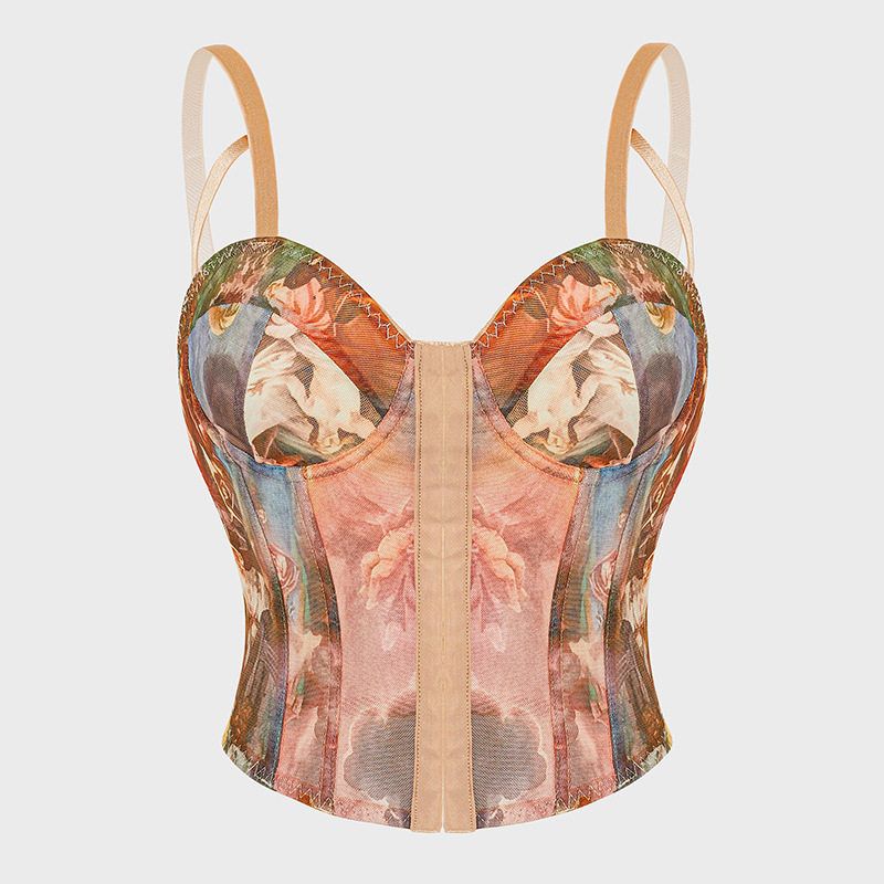

European and American Style Sexy Camisole with Layered Design, Waist-Cinching, Structured Underwire, Slim Fit, Printed Fishbone Pattern Color S
