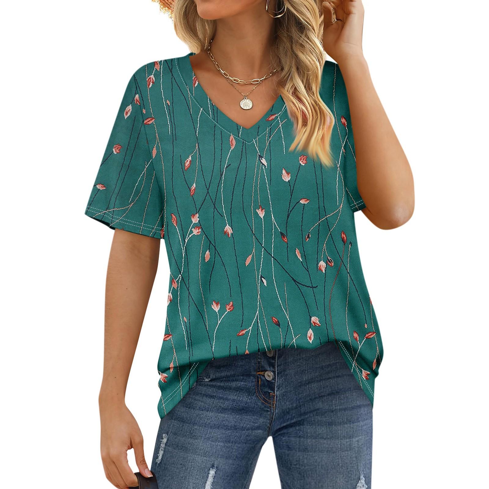 

Женские топы с коротким рукавом с цветочным принтом, винтажные модные повседневные свободные рубашки с V-образным вырезом, рубашки больших размеров XXL темно-зеленого