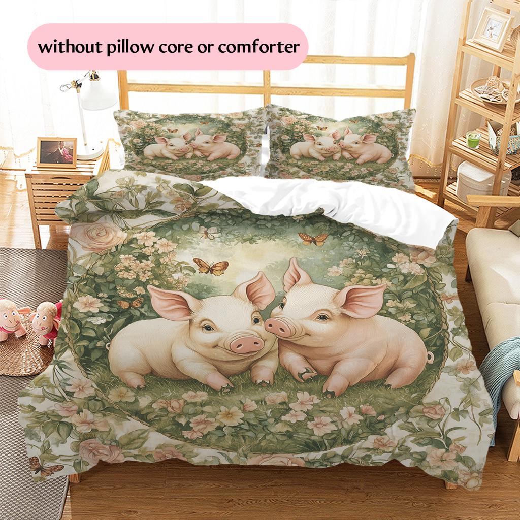 Pig and Flowers Pattern Bedding Home Decoration Birthday Gift (1 * Duvet Cover + 2 * Pillowcase, Without Core)