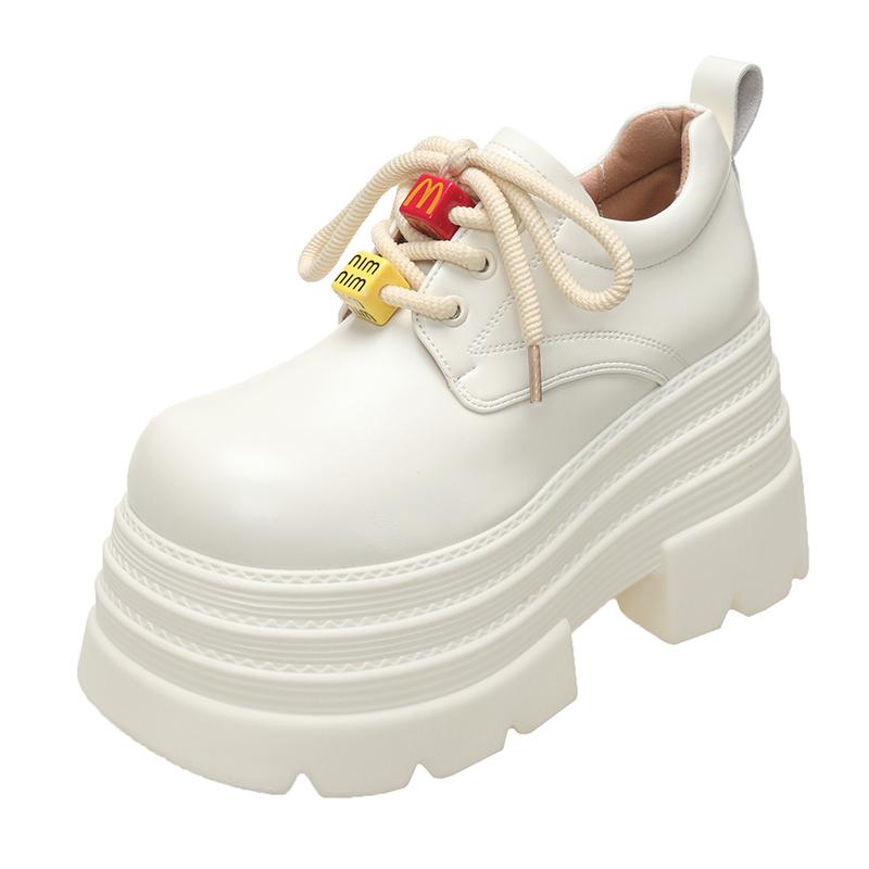 Fashion 10CM New Spring Women Platform Casual Shoes Loafers Lace-up Chunky Sneakers High Heels Thick Bottoms Cute Kawaii Leather Shoes